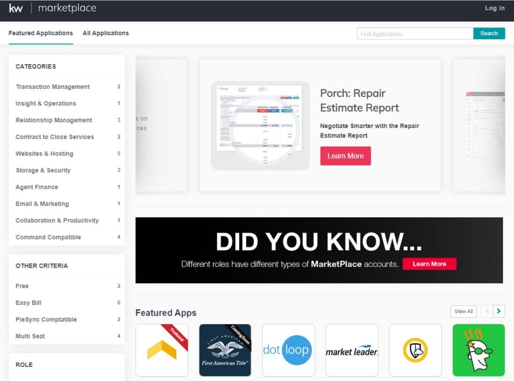screenshot of the KW marketplace - logos of featured vendors at the bottom (left to right) - Porch, First American Title, Dotloop, Market Leader, GoDaddy